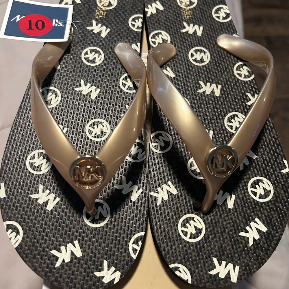 Michael Kors Black and Tan Flip Flops for Men